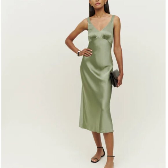 BEST Reformation Daytona Midi Dress Medium Artichoke Green Wedding Silk Slip - Picture 8 of 10